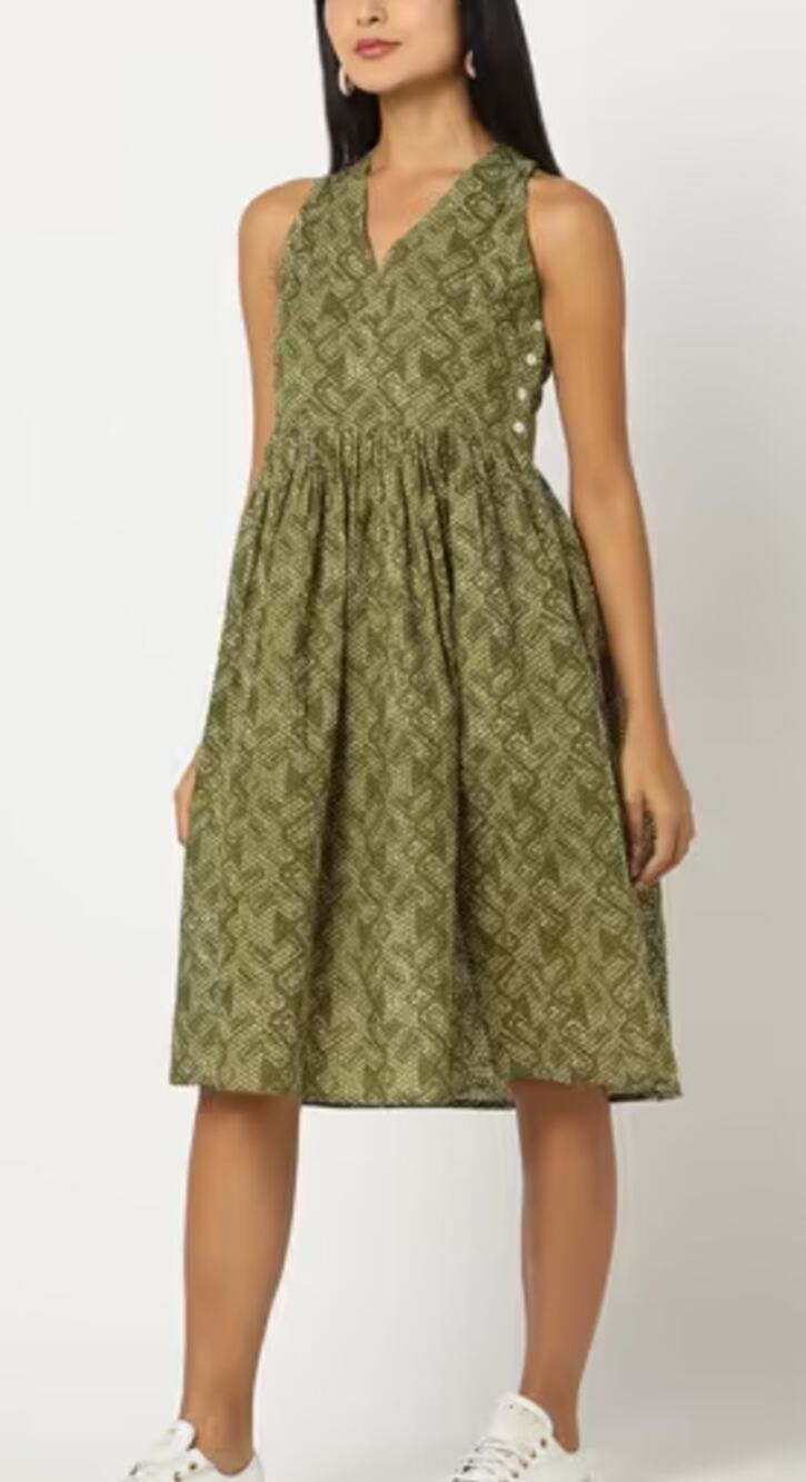Svrnaa Anthropologie Printed Fit & Flare Dress Olive Green Size S - Picture 1 of 13